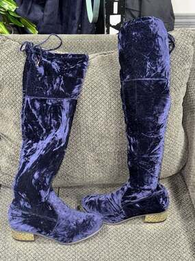Bamboo Royal Blue Crushed Velvet Over-The-Knee Boots with Gold Block Heel